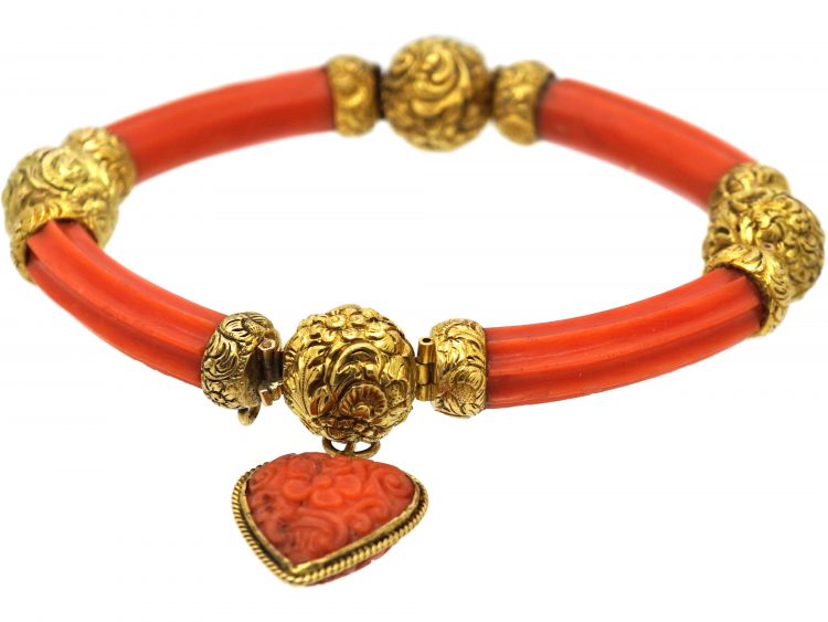 Georgian 18ct Gold & Coral Bracelet with Heart Drop in Original Case