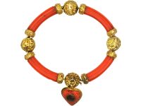 Georgian 18ct Gold & Coral Bracelet with Heart Drop in Original Case