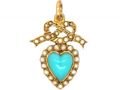 Edwardian 15ct Gold Chrysoprase & Natural Split Pearl Heart & Bow Pendant