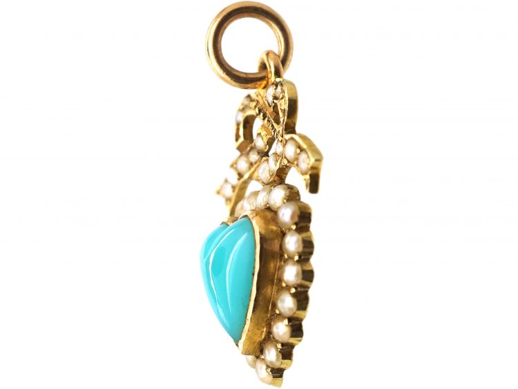 Edwardian 15ct Gold Chrysoprase & Natural Split Pearl Heart & Bow Pendant