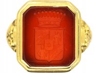 Spanish 19th Century 18ct Gold Signet Ring set with a Carnelian with Intaglio of a Crest with Coronet Detail