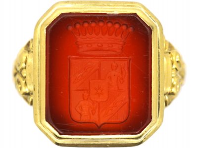 Spanish 19th Century 18ct Gold Signet Ring set with a Carnelian with Intaglio of a Crest with Coronet Detail