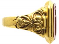 Spanish 19th Century 18ct Gold Signet Ring set with a Carnelian with Intaglio of a Crest with Coronet Detail