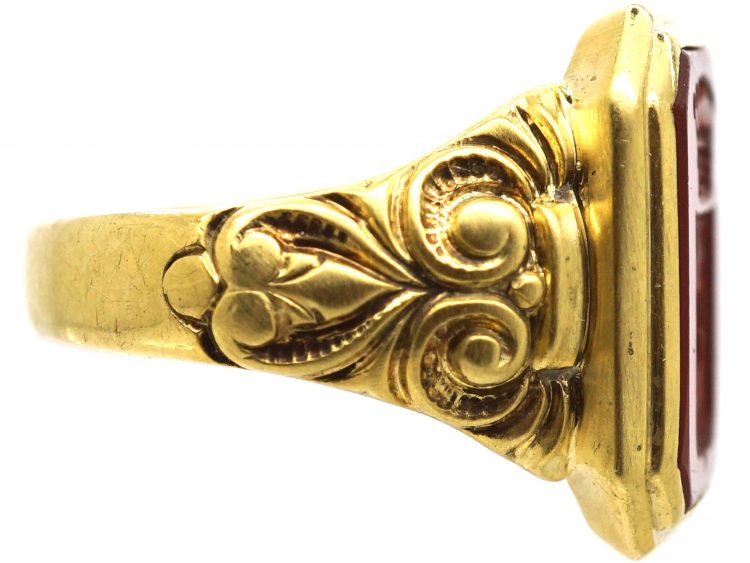 Spanish 19th Century 18ct Gold Signet Ring set with a Carnelian with Intaglio of a Crest with Coronet Detail