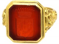 Spanish 19th Century 18ct Gold Signet Ring set with a Carnelian with Intaglio of a Crest with Coronet Detail