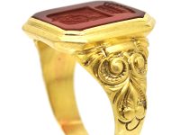 Spanish 19th Century 18ct Gold Signet Ring set with a Carnelian with Intaglio of a Crest with Coronet Detail