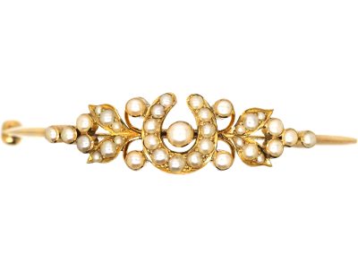 Edwardian 15ct Gold Bangle with Horseshoe Motif set with Natural Split Pearls