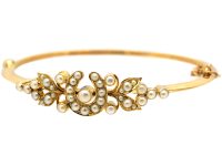 Edwardian 15ct Gold Bangle with Horseshoe Motif set with Natural Split Pearls