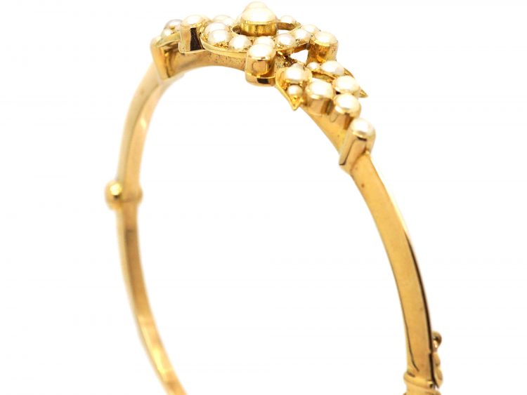 Edwardian 15ct Gold Bangle with Horseshoe Motif set with Natural Split Pearls