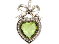 Edwardian Platinum & 15ct Gold Heart Shaped Pendant set with a Peridot & Diamonds