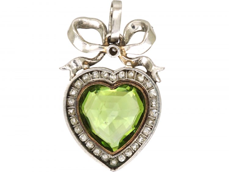 Edwardian Platinum & 15ct Gold Heart Shaped Pendant set with a Peridot & Diamonds