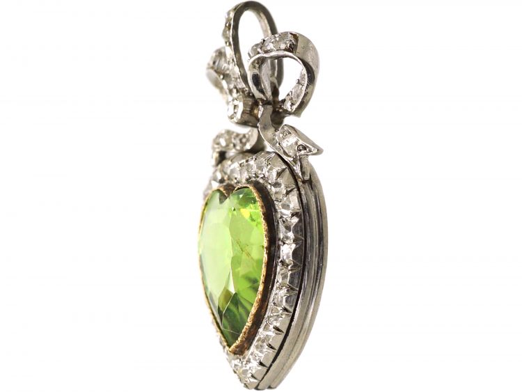 Edwardian Platinum & 15ct Gold Heart Shaped Pendant set with a Peridot & Diamonds
