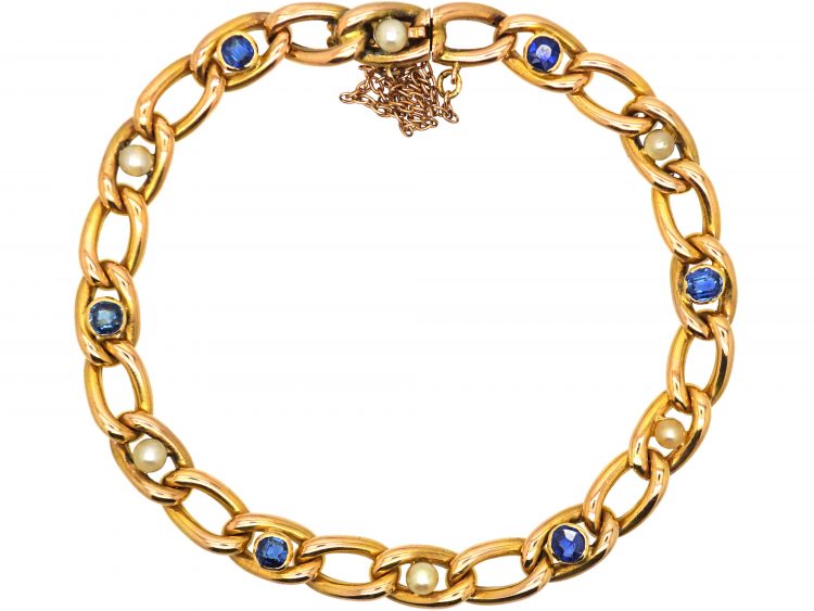French Early 20th Century 18ct Gold, Sapphire & Natural Pearl Bracelet