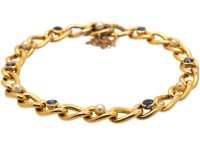 French Early 20th Century 18ct Gold, Sapphire & Natural Pearl Bracelet