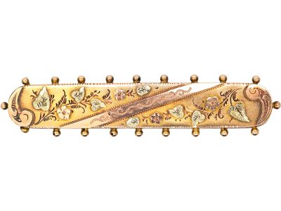 Victorian 9ct Three Colour Gold Bar Brooch with Floral Motifs