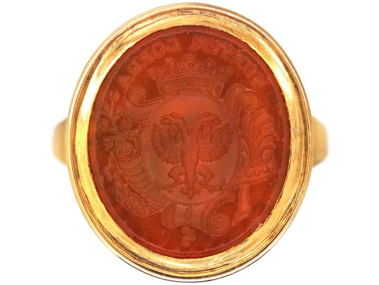 Georgian 15ct Gold Signet Ring with Carnelian Intaglio of a Crest with Earl's Coronet