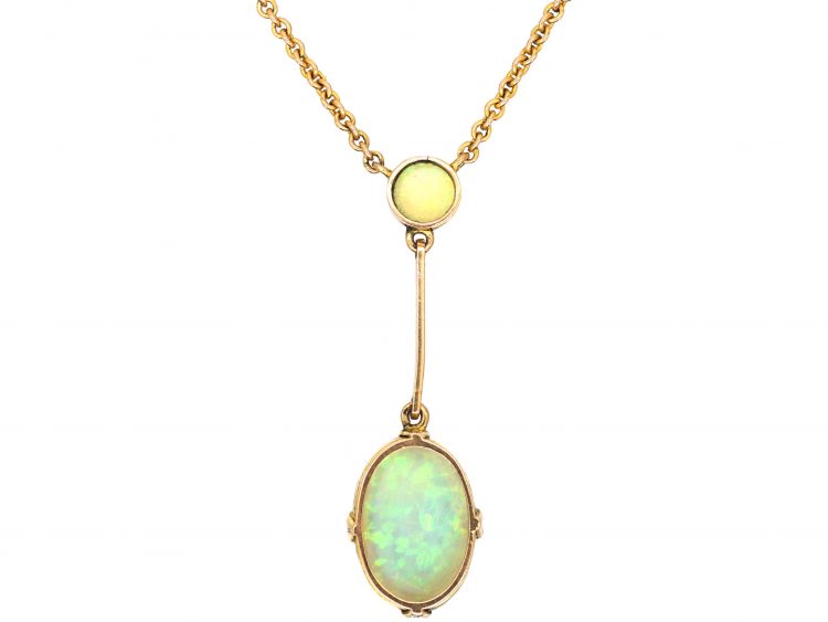 Edwardian 9ct Gold Two Stone Opal Drop Necklace