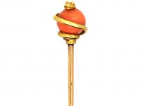 Victorian 18ct Gold Tie Pin of a Snake Coiled Around a Coral Bead