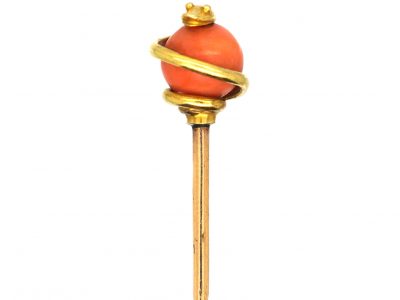 Victorian 18ct Gold Tie Pin of a Snake Coiled Around a Coral Bead