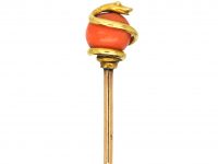 Victorian 18ct Gold Tie Pin of a Snake Coiled Around a Coral Bead