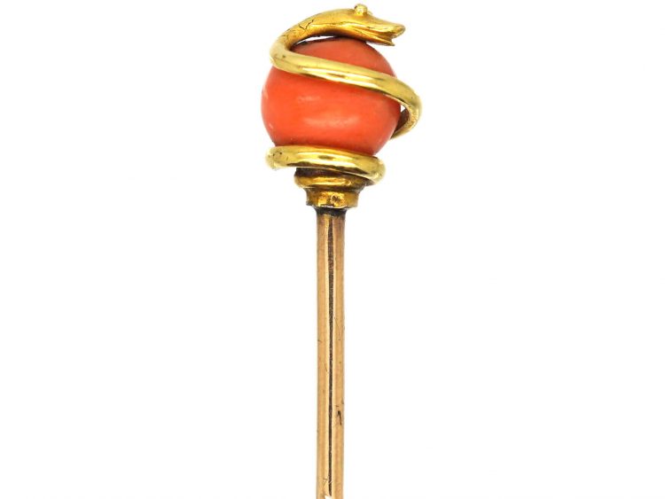 Victorian 18ct Gold Tie Pin of a Snake Coiled Around a Coral Bead