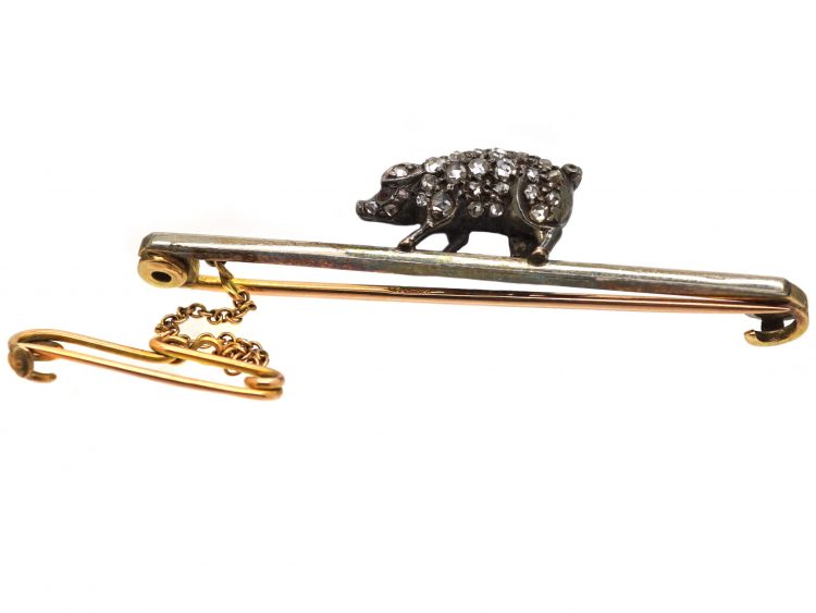 Edwardian 15ct Gold & Platinum, Piggy Brooch set with Rose Diamonds