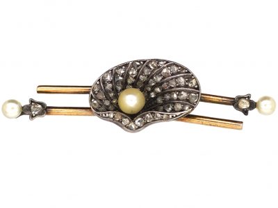 Edwardian Shell Brooch set with Rose Diamonds & a Natural Pearl