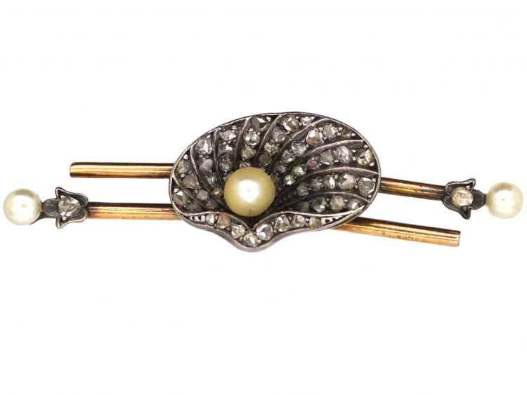 Edwardian Shell Brooch set with Rose Diamonds & a Natural Pearl