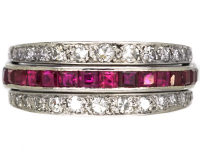 Art Deco 18ct White Gold Flip Over Ring set with Diamonds, Sapphires & Rubies