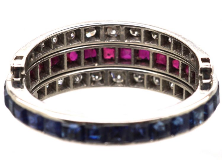 Art Deco 18ct White Gold Flip Over Ring set with Diamonds, Sapphires & Rubies