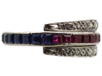 Art Deco 18ct White Gold Flip Over Ring set with Diamonds, Sapphires & Rubies