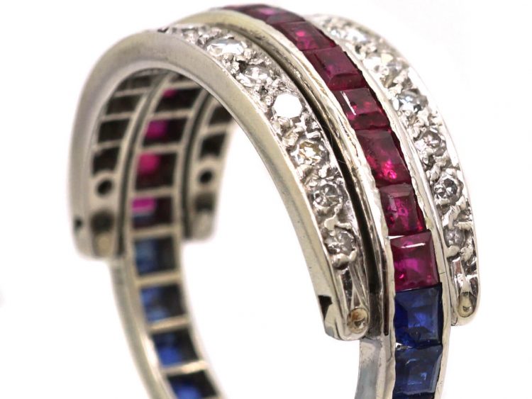 Art Deco 18ct White Gold Flip Over Ring set with Diamonds, Sapphires & Rubies
