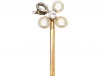 Edwardian Three Leaf Clover Tie Pin set with Natural Pearls & a Diamond