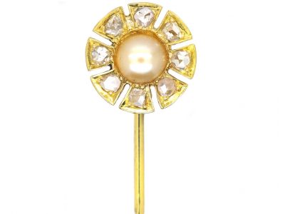 Victorian 15ct Gold, Natural Pearl & Rose Diamond Tie Pin