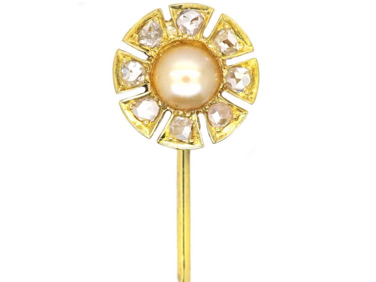 Victorian 15ct Gold, Natural Pearl & Rose Diamond Tie Pin