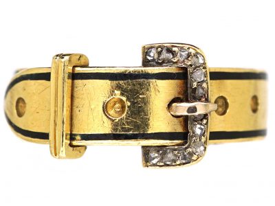Victorian 18ct Gold, Black Enamel & Rose Diamond Buckle Ring
