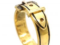 Victorian 18ct Gold, Black Enamel & Rose Diamond Buckle Ring