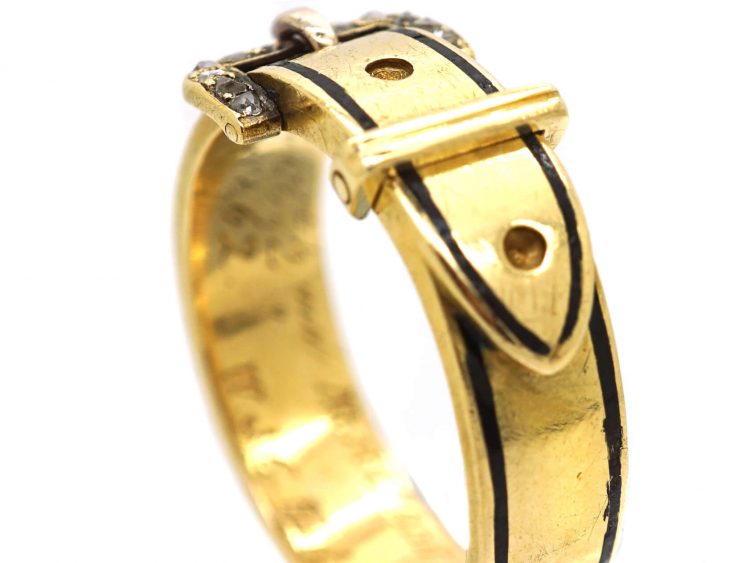 Victorian 18ct Gold, Black Enamel & Rose Diamond Buckle Ring