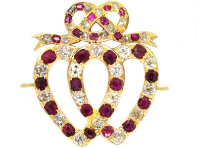Edwardian 18ct Gold, Ruby & Diamond Double Heart Ring with Knot Above
