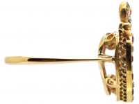 Edwardian 18ct Gold, Ruby & Diamond Double Heart Ring with Knot Above