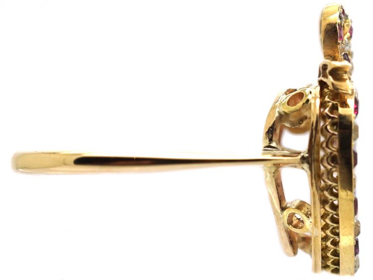 Edwardian 18ct Gold, Ruby & Diamond Double Heart Ring with Knot Above