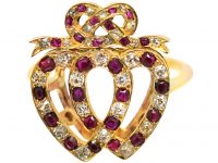 Edwardian 18ct Gold, Ruby & Diamond Double Heart Ring with Knot Above