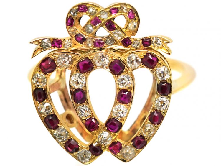 Edwardian 18ct Gold, Ruby & Diamond Double Heart Ring with Knot Above