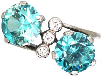 Art Deco Ring 18ct White Gold set with Two Zircons with Diamonds In Between