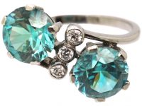 Art Deco Ring 18ct White Gold set with Two Zircons with Diamonds In Between