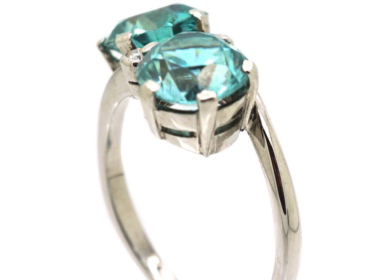 Art Deco Ring 18ct White Gold set with Two Zircons with Diamonds In Between