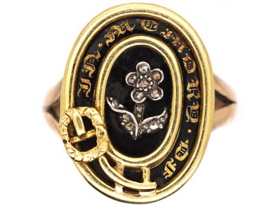 Victorian 18ct Gold & Black Enamel Memorial Ring with a Rose Diamond Set Forget me Not