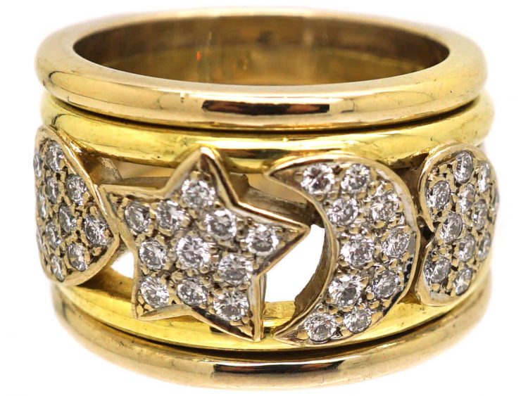 French 18ct Gold, Sun Moon & Hearts Ring set with Diamonds