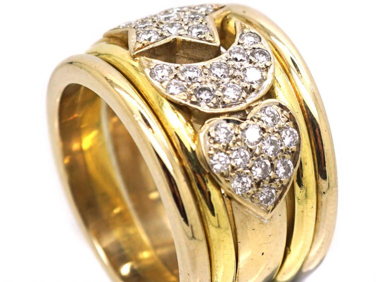 French 18ct Gold, Sun Moon & Hearts Ring set with Diamonds