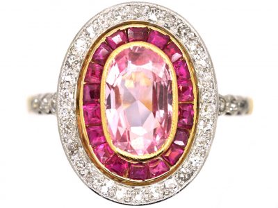 French Import Early 20th Century 18ct Gold & Platinum, Pink Sapphire, Ruby & Diamond Cluster Ring